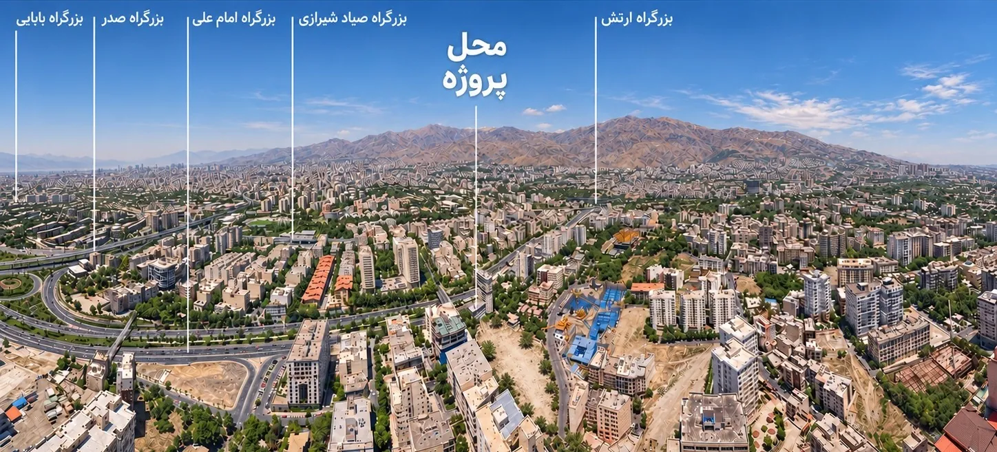 پانورامای هوایی شمال تهران با جانمایی پروژه و راههای اصلی.