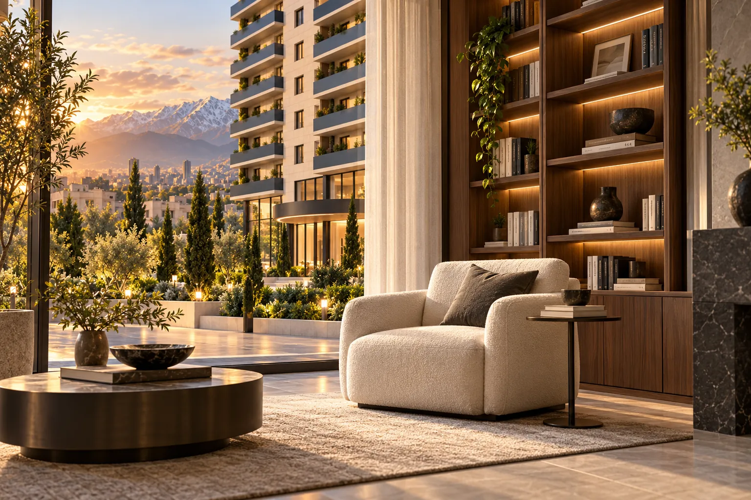 گوشه‌ای از لانژ با صندلی راحتی، قفسه‌ی چوبی و منظره‌ی تراس‌های سبز.