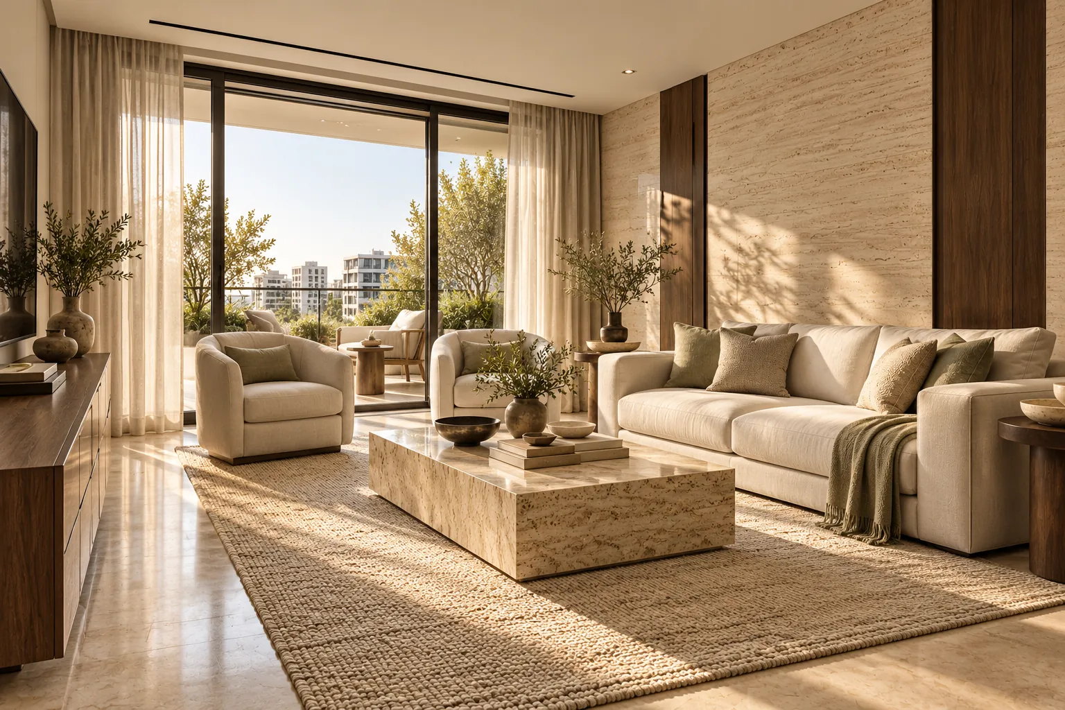 اتاق نشیمن با مبلمان نرم و تراورتن.